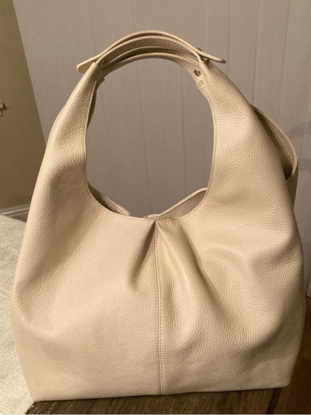 Cream Pebbled Leather Shoulder Hobo Bag